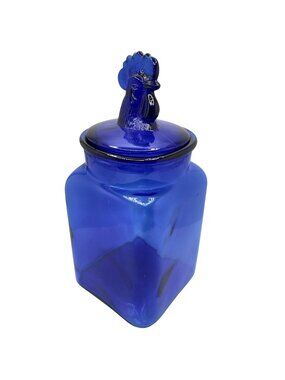 Vtg Cobalt Blue Glass Apothecary Jar Rooster Lid Decorative Storage Canister